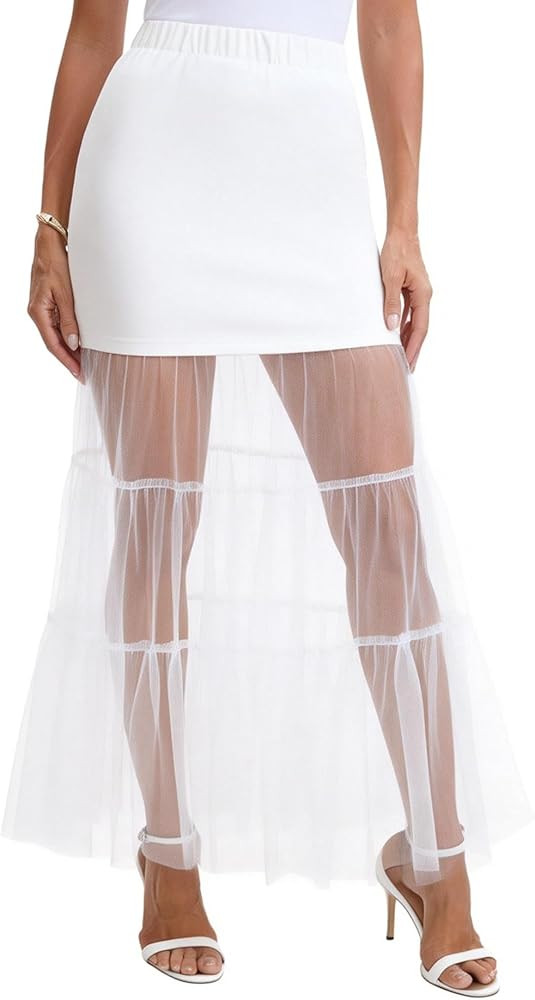 Women's Lace Bodycon Sheer Maxi Skirts 2026 High Waisted A Line Patchwork Mesh Ruffle Hem Flowy L... | Amazon (US)