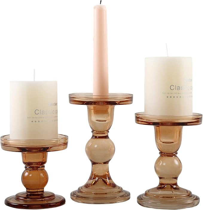 GMWD 3 Pcs Glass Candle Holder Set Clear, Amber Candlesticks Holders Pillar Taper Candles Tealigh... | Amazon (US)