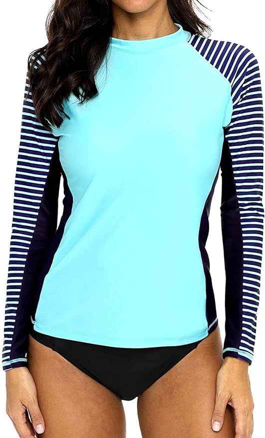 CharmLeaks Women's Long Sleeve Rashguard UPF 50 Sun Protection Swimsuit Top Striped Swim Shirts | Amazon (US)