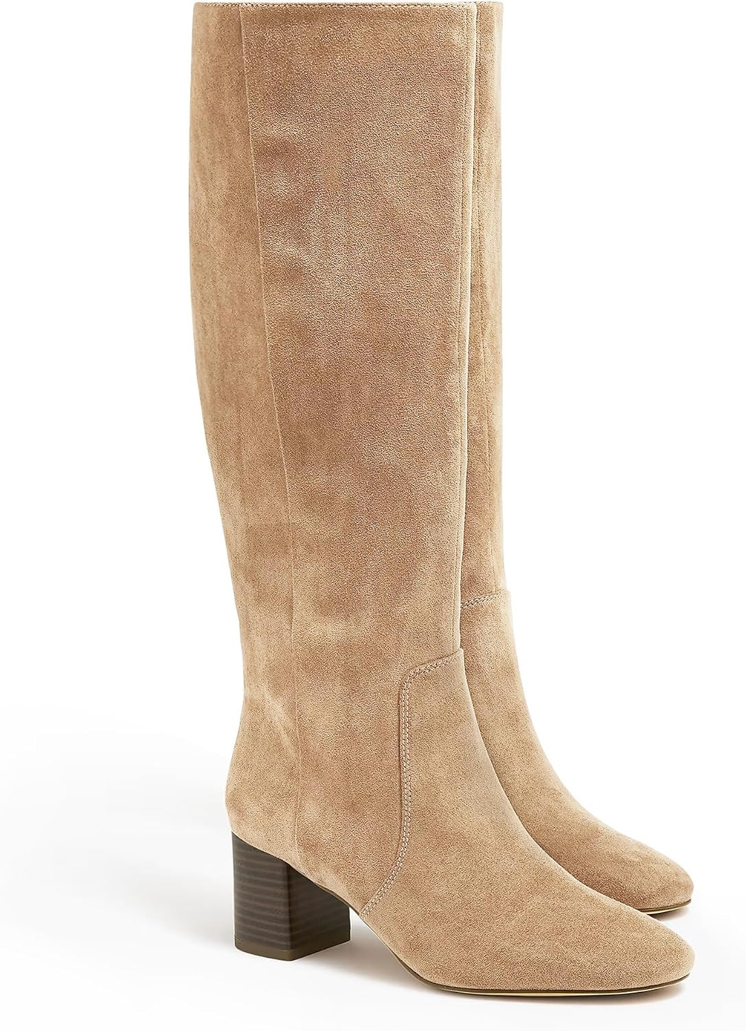 Coutgo Womens Chunky Heel Knee High Boots Suede Round Toe Fall Winter Tall Boots with Side Zipper | Amazon (US)