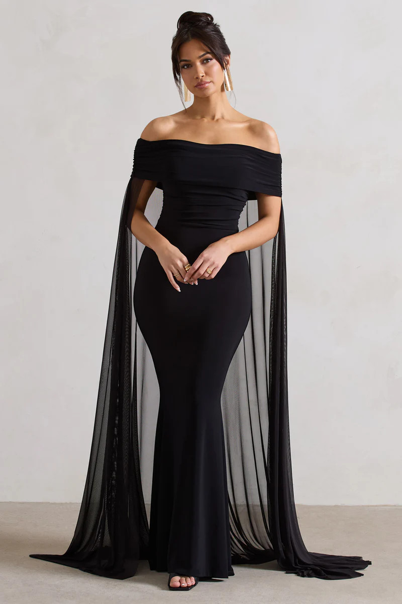Carlotta | Black Bardot Maxi Dress With Chiffon Cape | Club L London