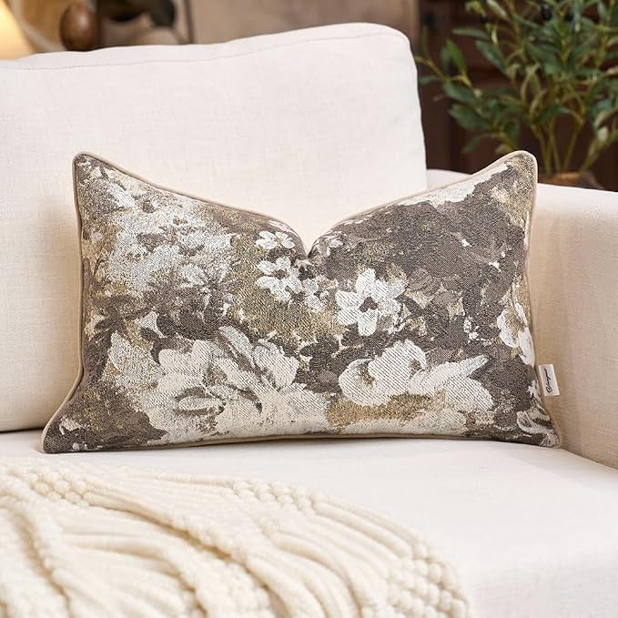 Neutral Flower Pillow Cover 12 x 20 Inches, Nature Chenille Rectangle Throw Pillow Cover Soft Lux... | Amazon (US)