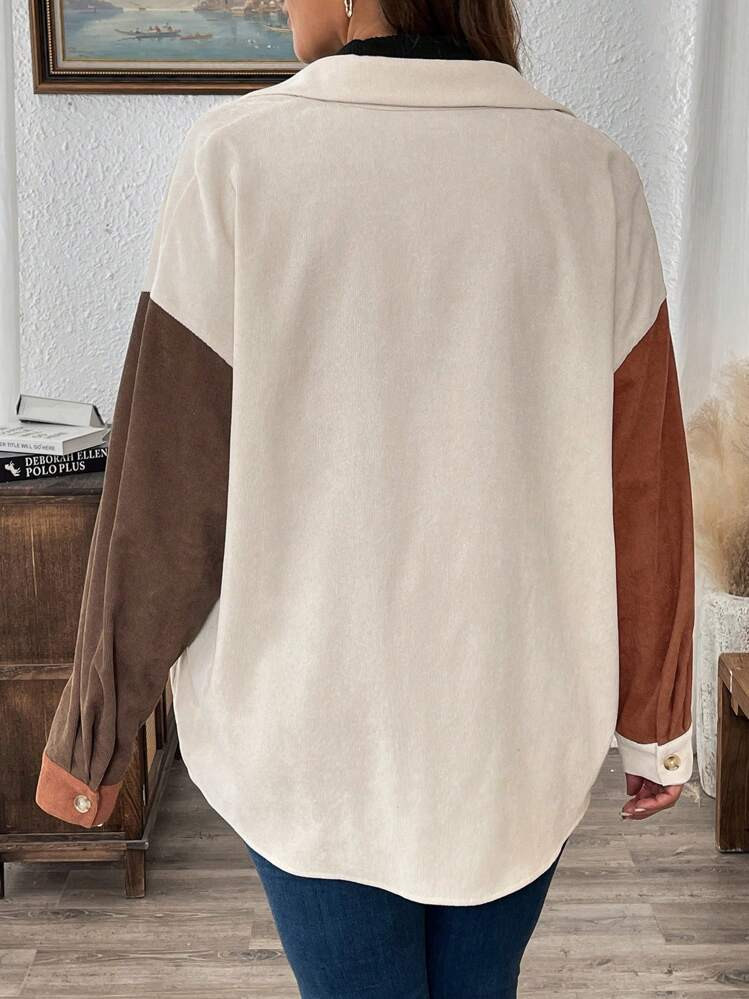 SHEIN CURVE+ Corduroy Color Block Plus Size Front Button Down Loose Long Sleeve Shirt | SHEIN
