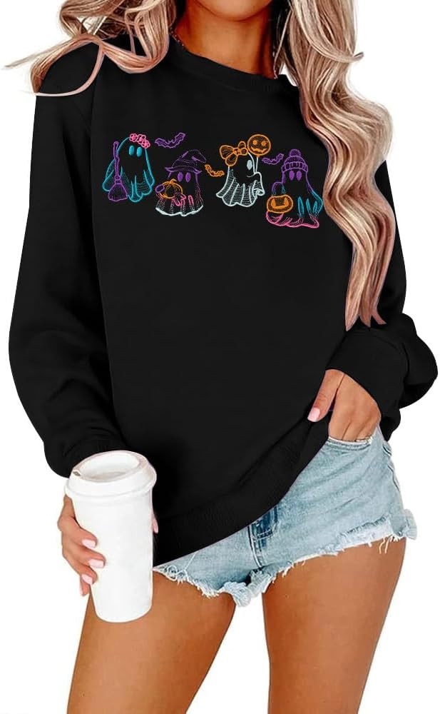 MOUSYA Spooky Season Sweatshirt Halloween Sweatshirts for Women Ghost Fall Embroidered Sweater Pu... | Amazon (US)