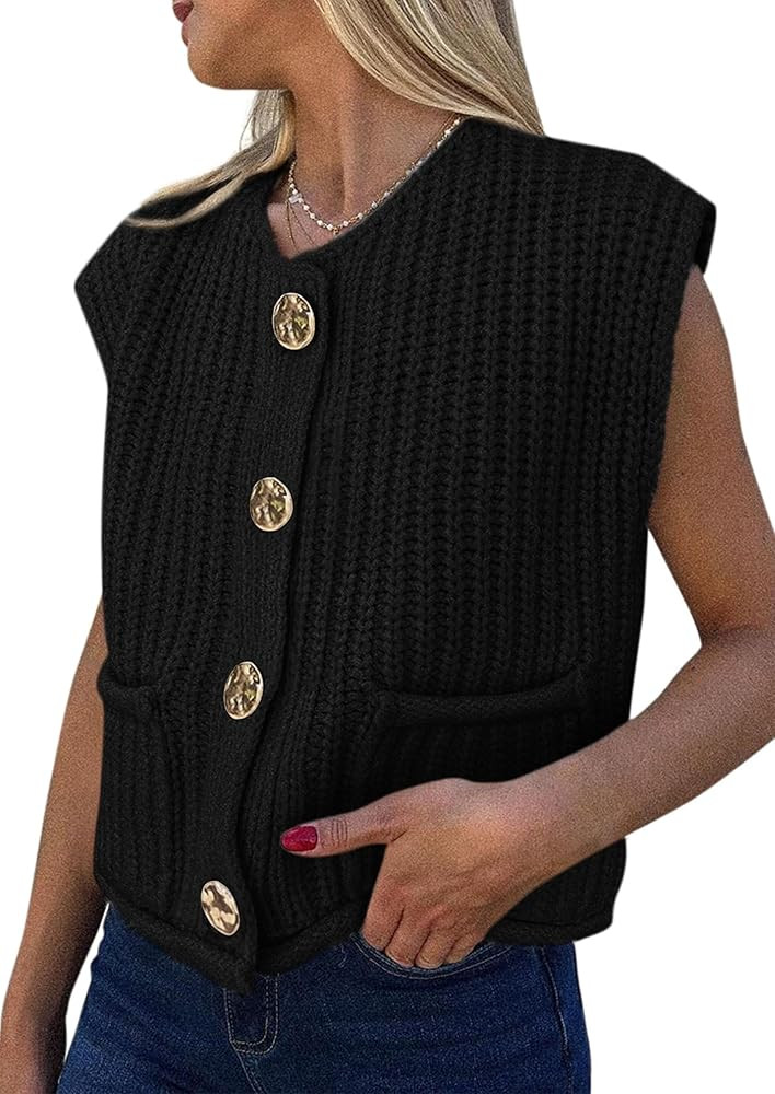 PRETTYGARDEN Women's Summer Sweaters Vest 2025 Sleeveless Button Down Cropped Pockets Chunky Knit... | Amazon (US)
