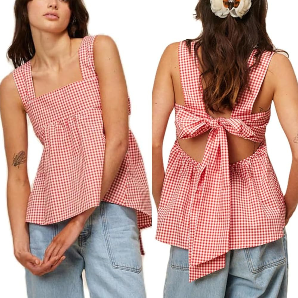 KOSUSANILL Y2k Gingham Tank Top Women Sleeveless Backless Square Neck Ruffle Peplum Babydoll Cami... | Amazon (US)