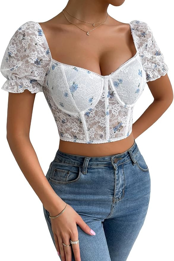 Milumia Women's Ditsy Floral Sweetheart Neck Frill Puff Short Sleeve Bustier Crop Tops | Amazon (US)