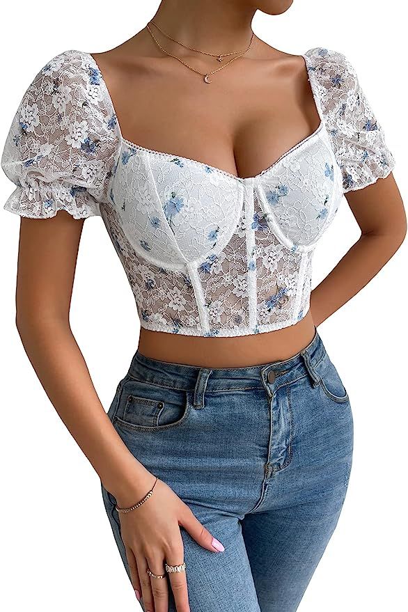 Milumia Women's Ditsy Floral Sweetheart Neck Frill Puff Short Sleeve Bustier Crop Tops | Amazon (US)