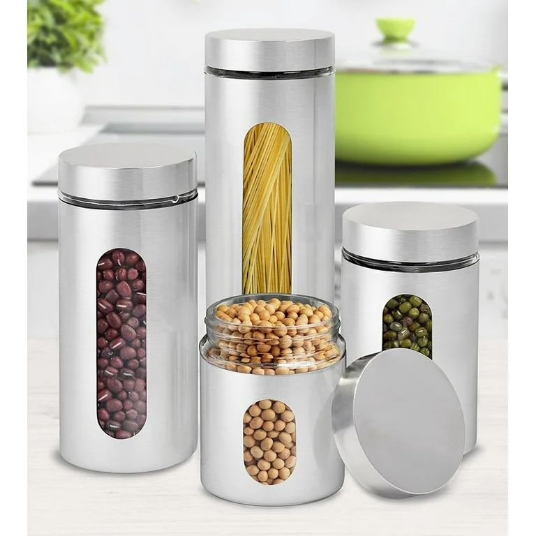Estilo Kitchen Canisters | Brushed Stainless Steel Canisters With Window | 4 Pieces | Walmart (US)