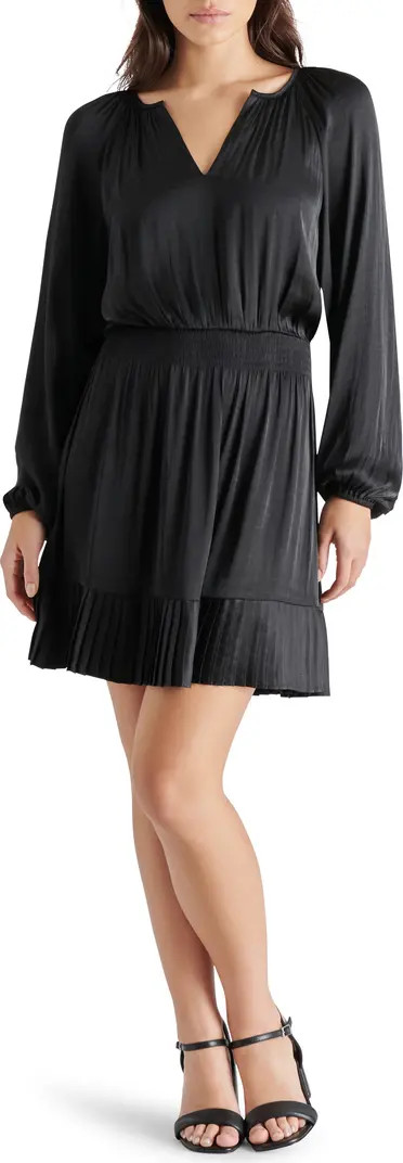 Steve Madden Adoria Pleated Split Neck Long Sleeve Satin Dress | Nordstrom | Nordstrom