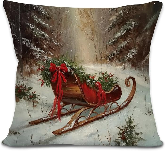 Vintage Christmas Sleigh Throw Pillow Covers, Rustic Christmas Decor, Winter Farmhouse Xmas Sleig... | Amazon (US)