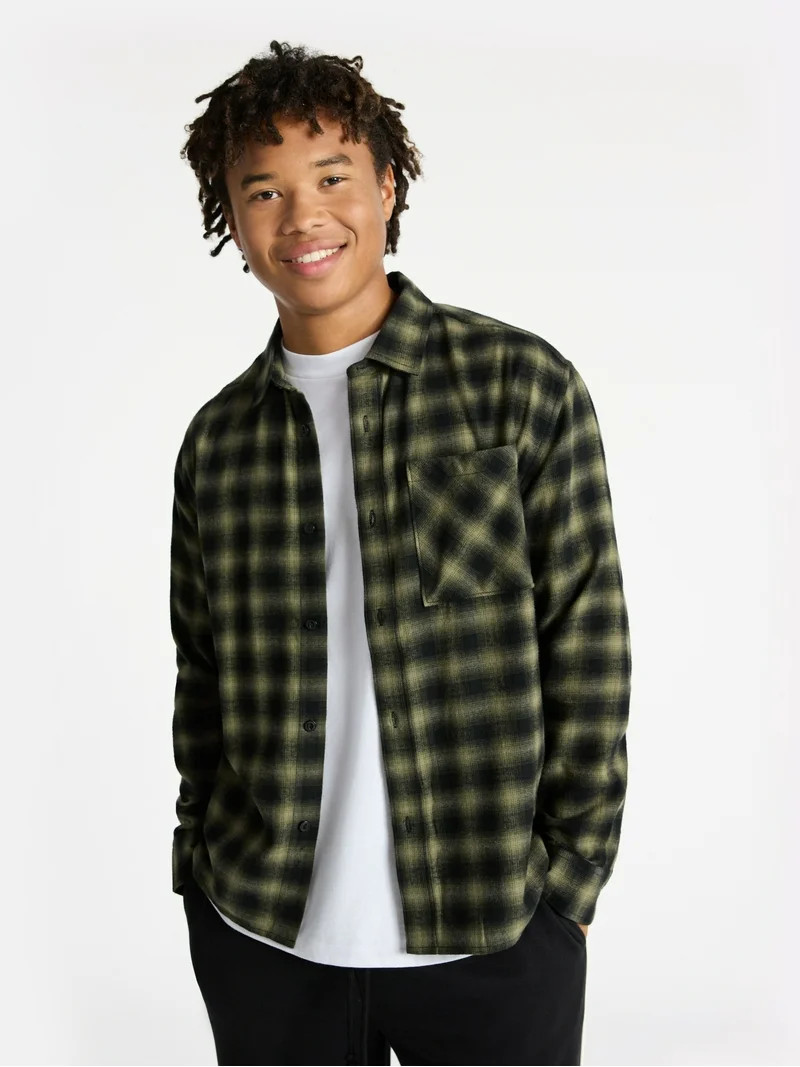 No Boundaries Cotton Long Sleeve Flannel Shirt, Men's & Big Men's XS-5XL | Walmart (US)