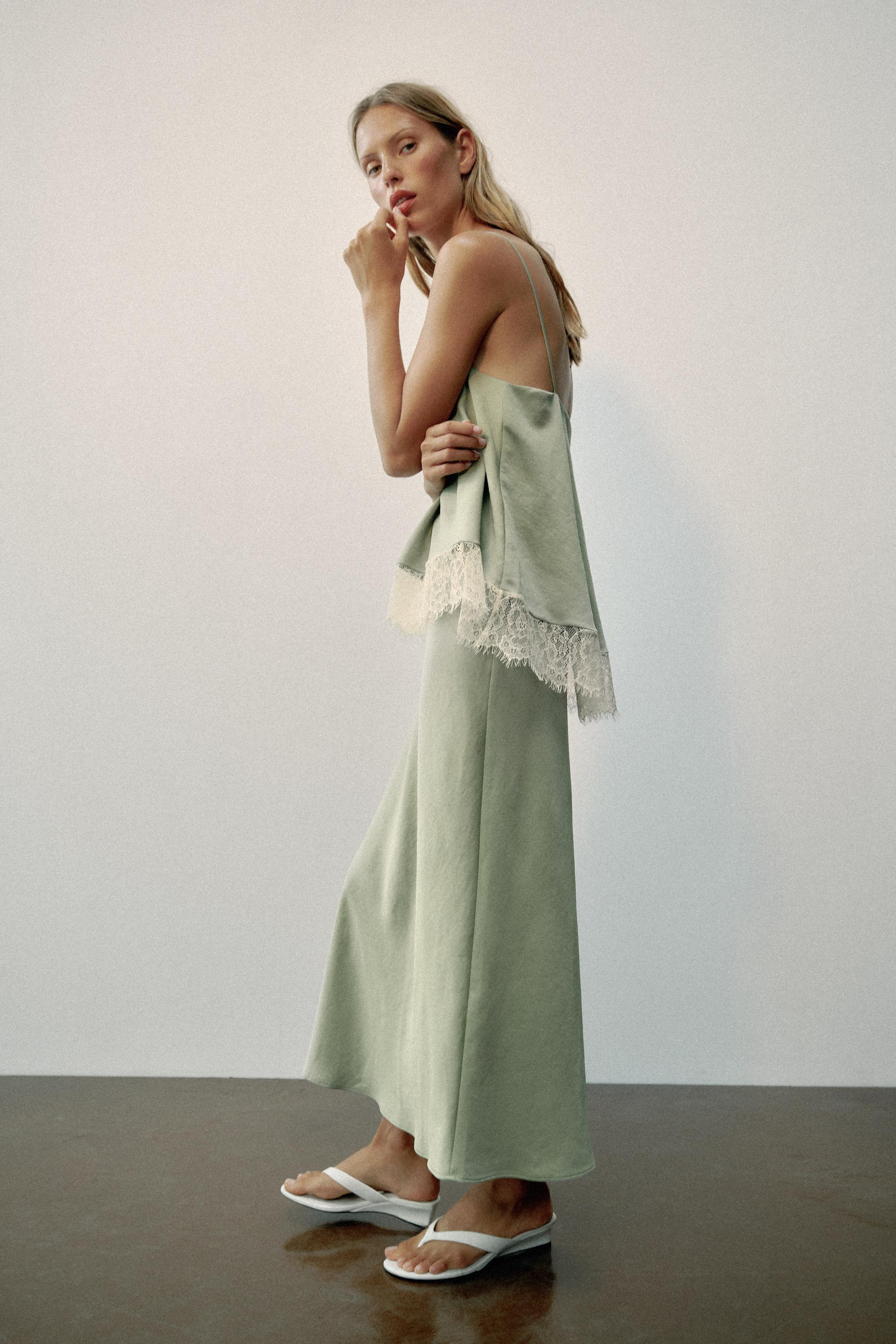 Lace-Trimmed Satin Midi Slip Dress | Zara US