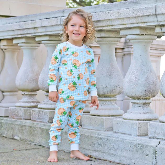 Turquoise Gingham Pumpkin Print Knit Loungewear | Classic Whimsy