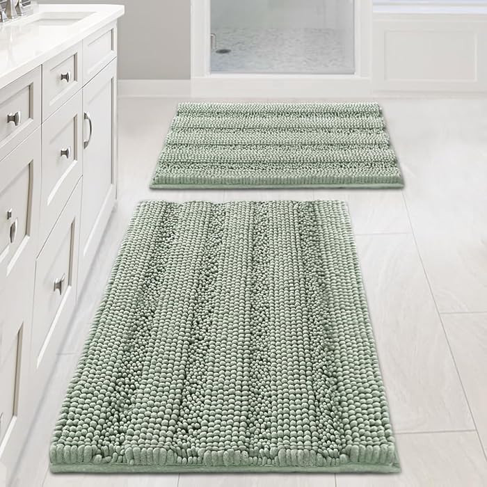 H.VERSAILTEX Sage Bathroom Rugs, Bath Mat Set of 2 Extra Thick Chenille Striped Pattern Shaggy Ba... | Amazon (US)