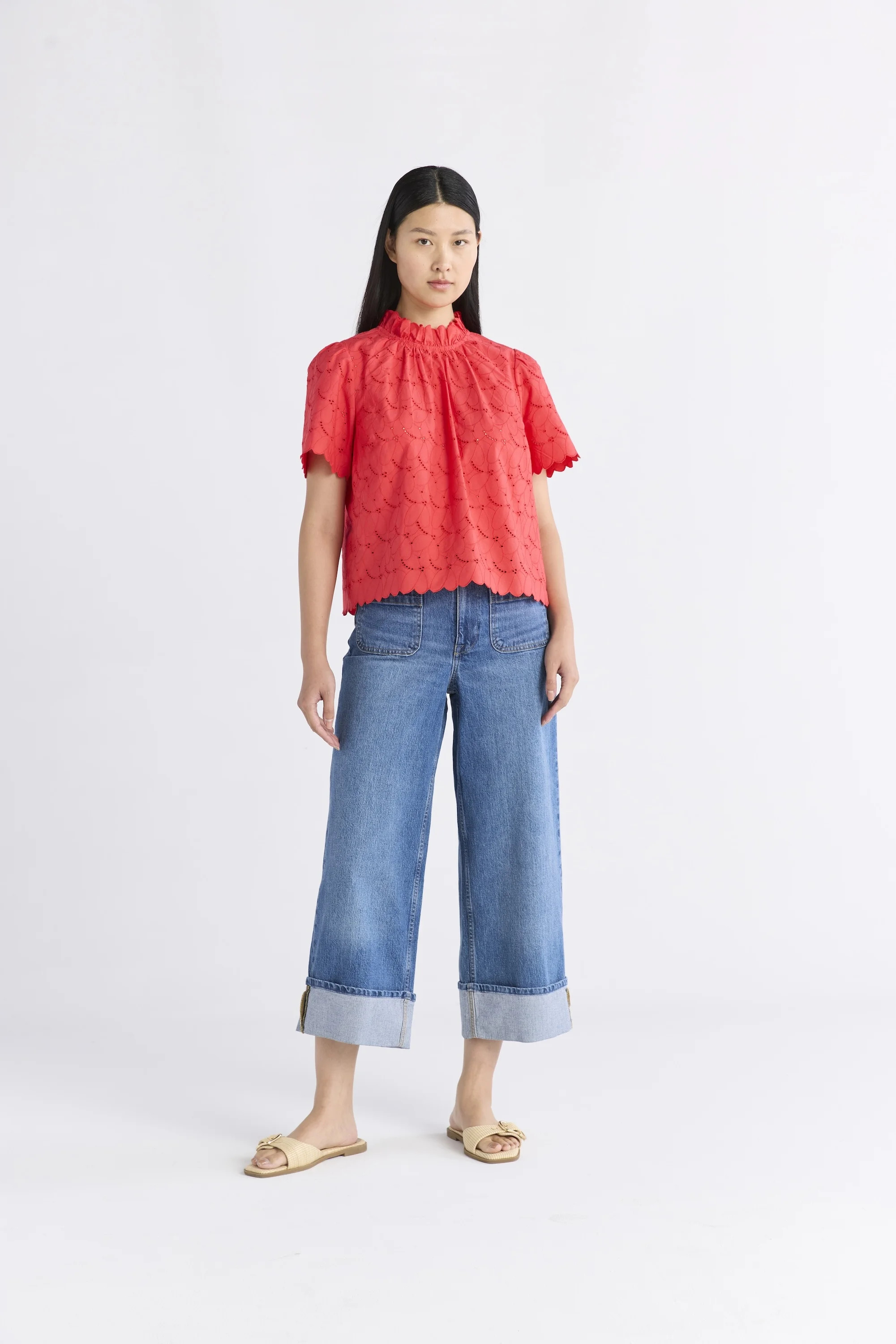 Free Assembly Women's Ruffle Cotton Eyelet Top with Short Sleeves, Sizes XS-4X | Walmart (US)