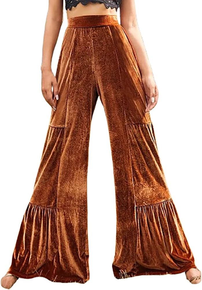 HGps8w Women's Retro Velvet Wide Leg Pants, Elastic Waist Loose Elegant Tiered Party Casual Trous... | Amazon (US)