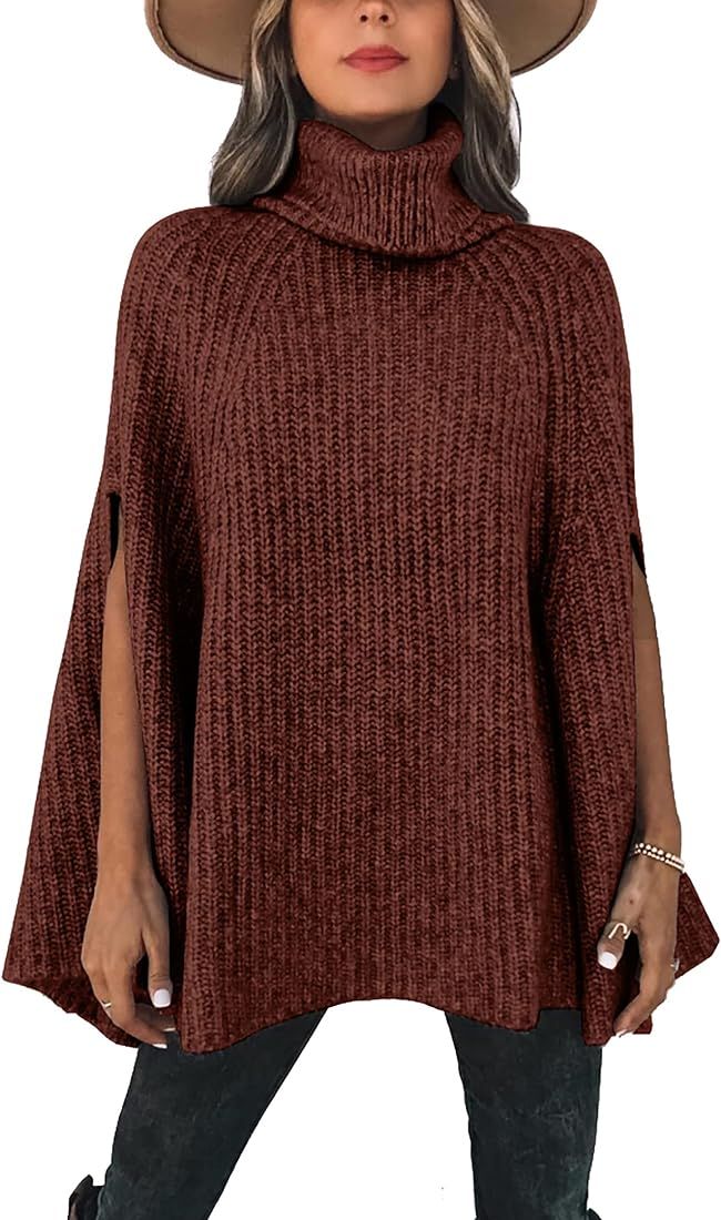 KIRUNDO 2022 Women's Fall Winter Turtleneck Poncho Sweater Fashion Chunky Knit Cape Wrap Sweaters Pu | Amazon (US)