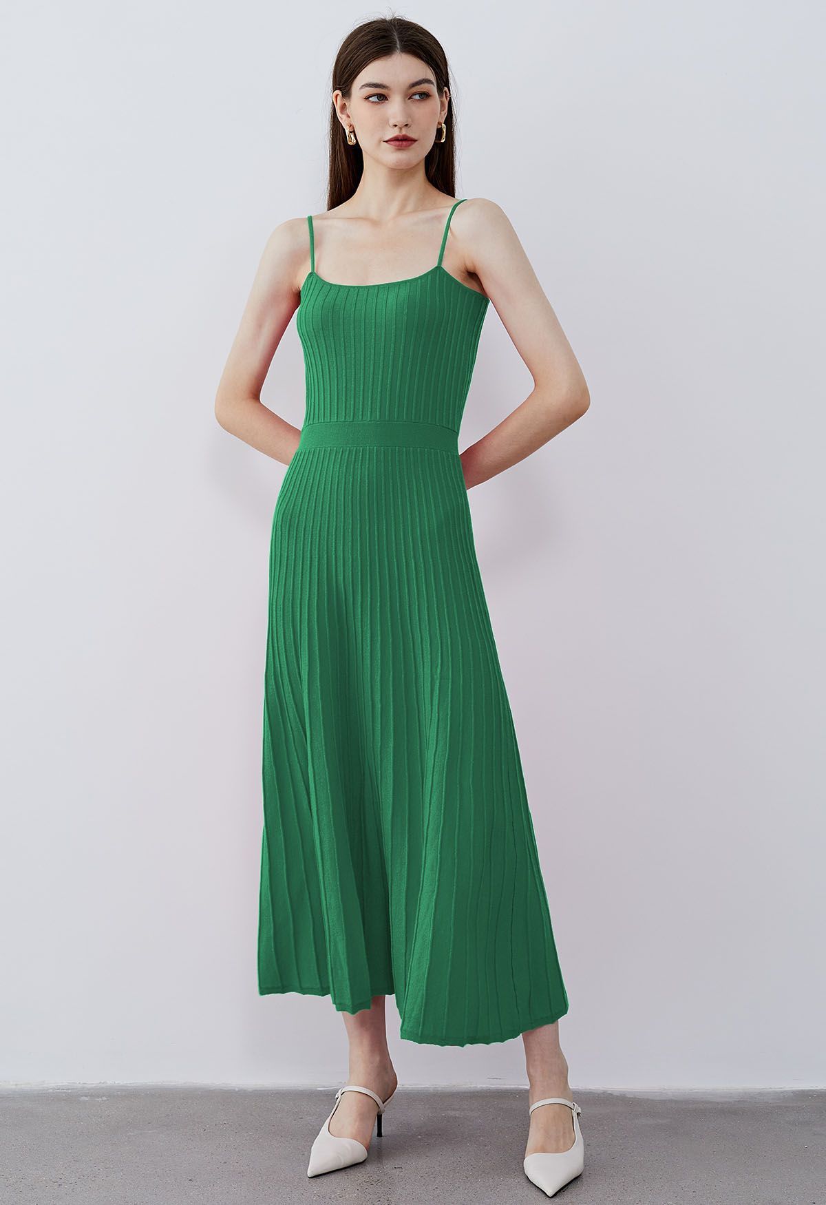 Solid Pleated Knit Cami Dress in Green | Chicwish