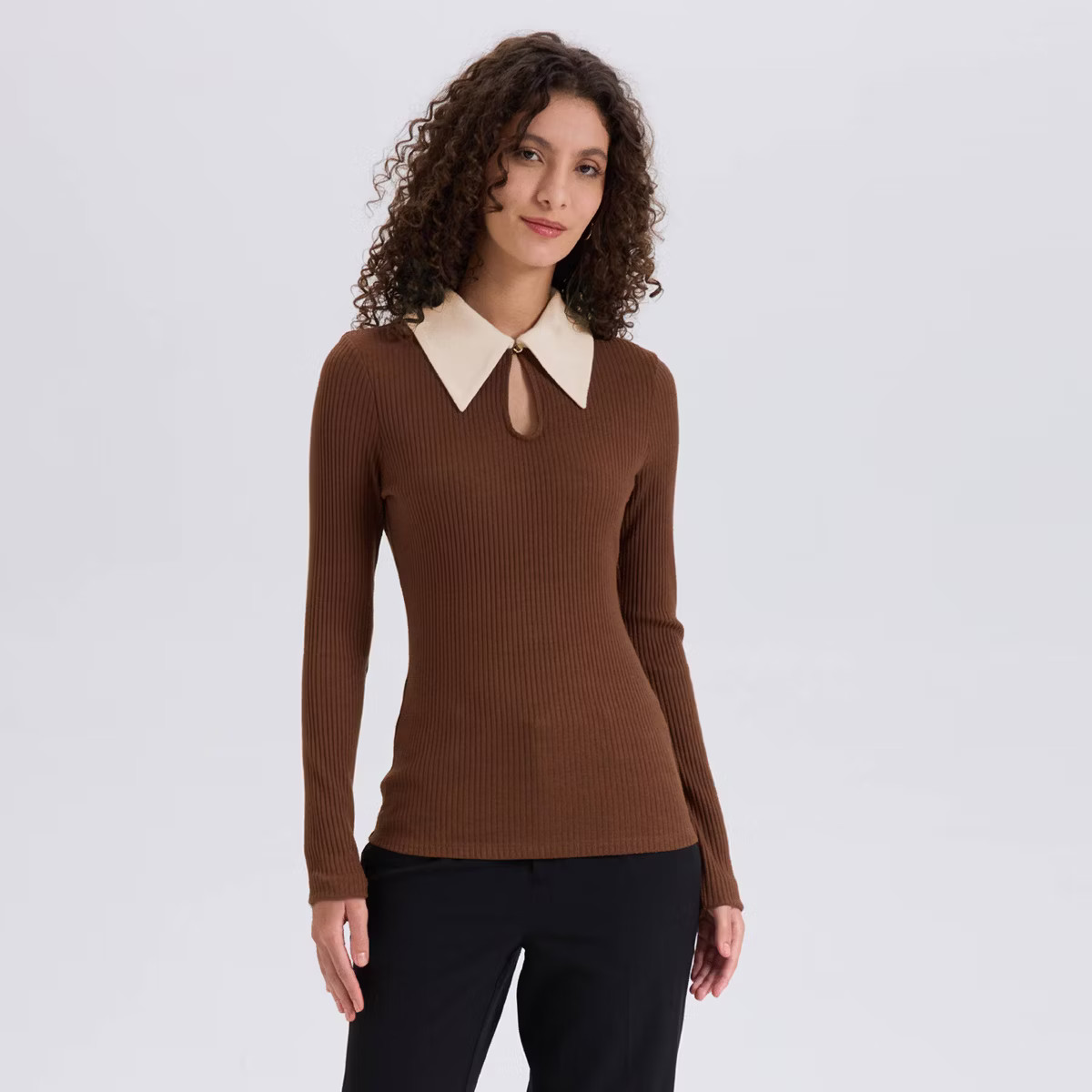 Women's Long Sleeve Rib-Knit Contrast Collared Top - A New Day™ | Target