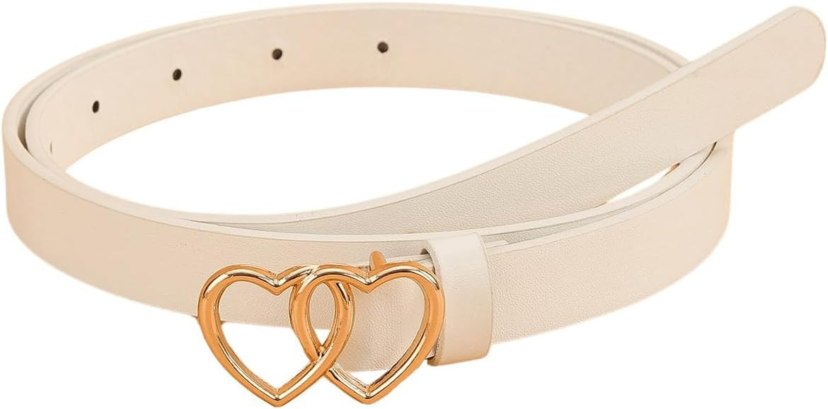 OYOANGLE Women's Double Heart Buckle Adjustable Thin Leather Belt Skinny Waist Belts for Jeans Dr... | Amazon (US)
