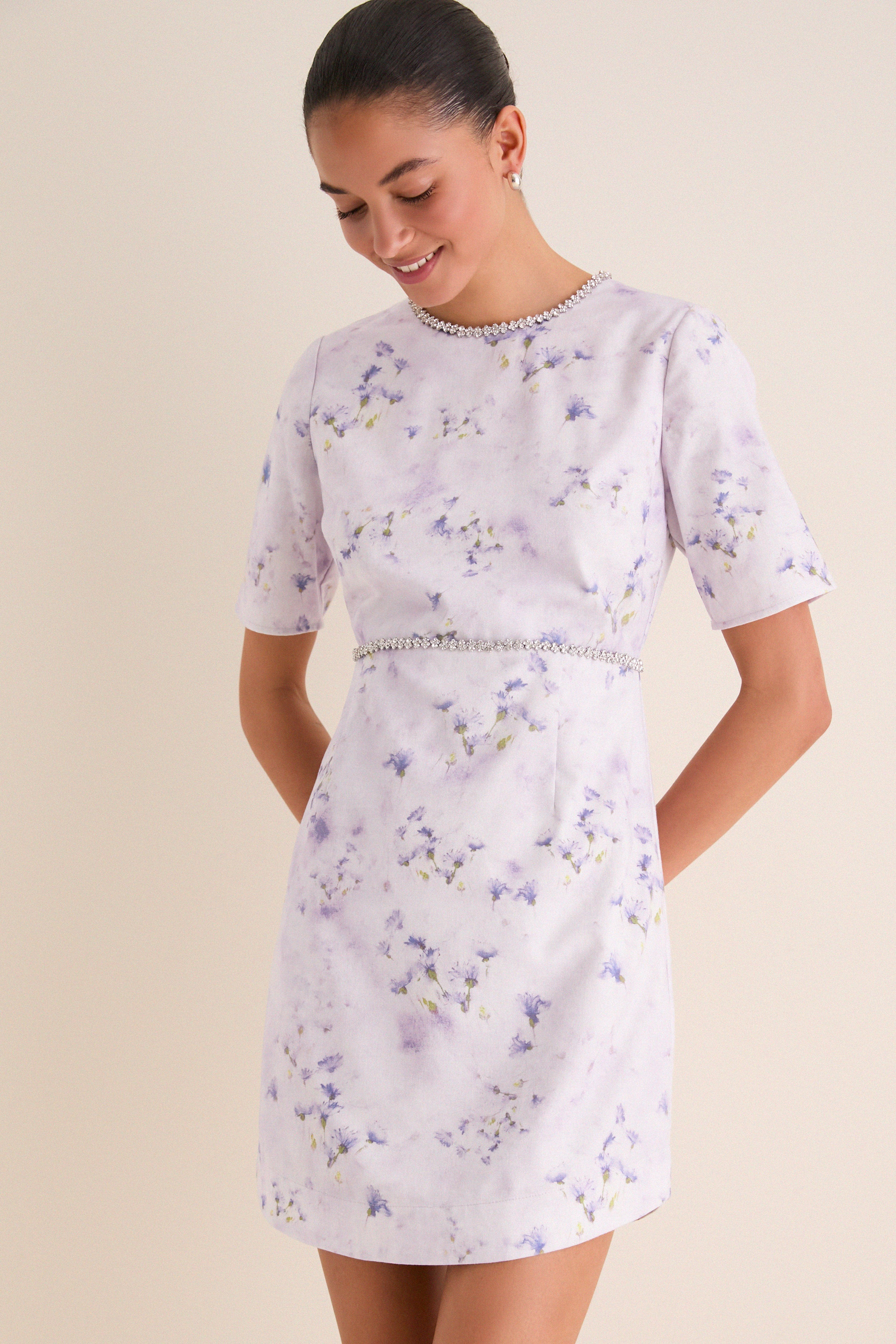 Lilac Floral Crystal Embellished Floria Mini Dress | Tuckernuck (US)