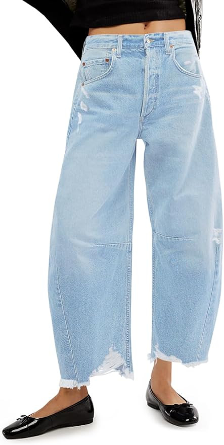 Cicy Bell Womens Baggy Barrel Jeans Cropped Boyfriend Wide Leg Raw Hem Denim Pants | Amazon (US)