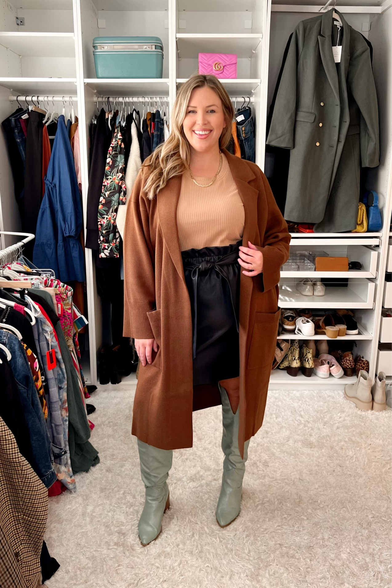 Green Boots Style Session Look 3! Coatigan is from J. Crew in a size 2X - it fits very generous on me - I could definitely do a 1X! Top is Time and Tru line from Walmart in a size XL (16/18) - ir runs large. Skirt is a size 20 from the Eloquii Elements line at Walmart! 

#LTKstyletip #LTKcurves #LTKSeasonal
