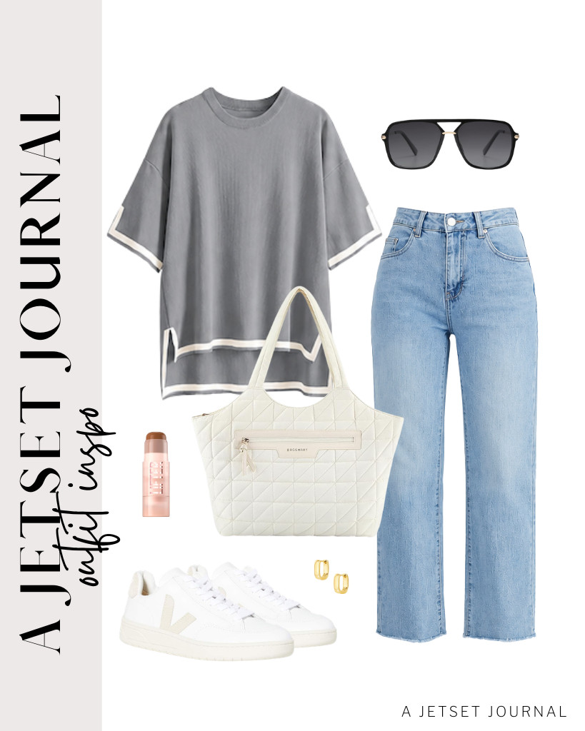 This combination of the short-sleeve knit pullover and GRAPENT straight-leg jeans is our first outfit. Choose comfy shoes like Veja sneakers to keep your feet relaxed while you move. Carry a canvas BAGSMART tote and pair it with these trendy SOJOS aviator sunglasses to finish the look. 

#LTKSeasonal #LTKSaleAlert #LTKTravel
 

 