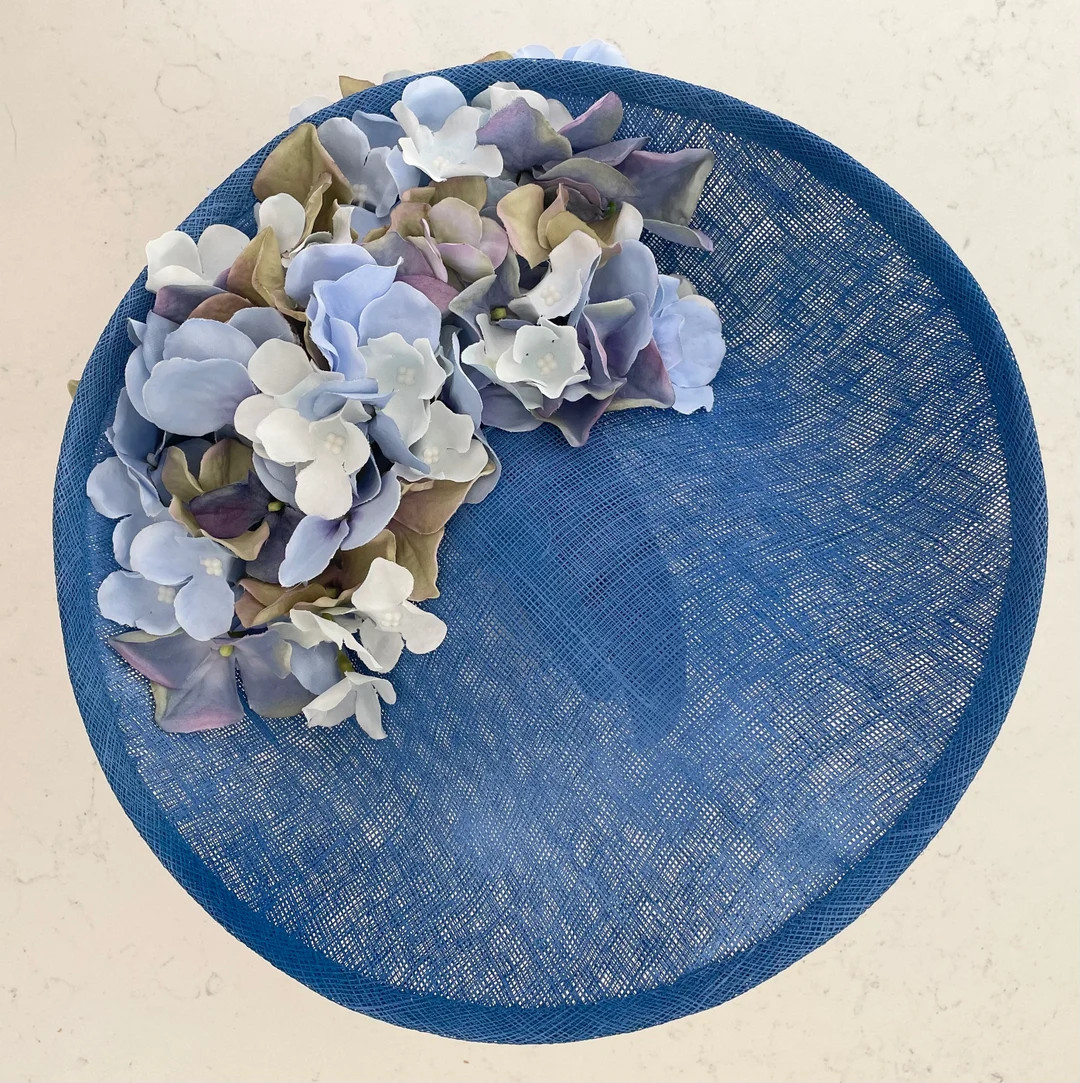 Large Statement Hat Fascinator Side Dipped Cobalt Cornflower Blue Pale Green Hydrangeas Ascot Rac... | Etsy (US)