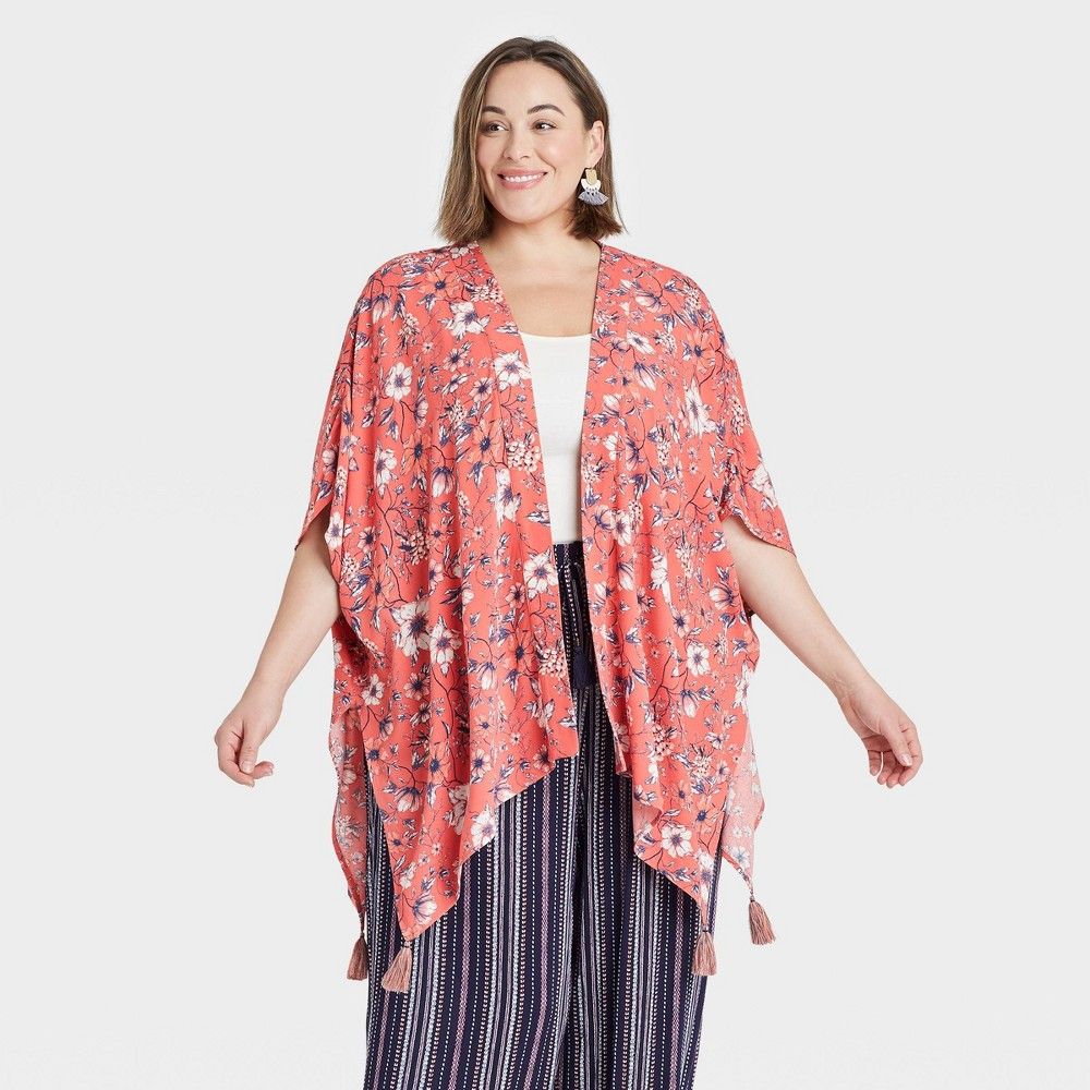 Women's Plus Size Floral Print Short Sleeve Kimono Jacket - Knox Rose Pink X/1X | Target