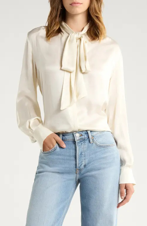 ASTR the Label Mabry Tie Neck Long Sleeve Satin Top in Cream at Nordstrom, Size Large | Nordstrom