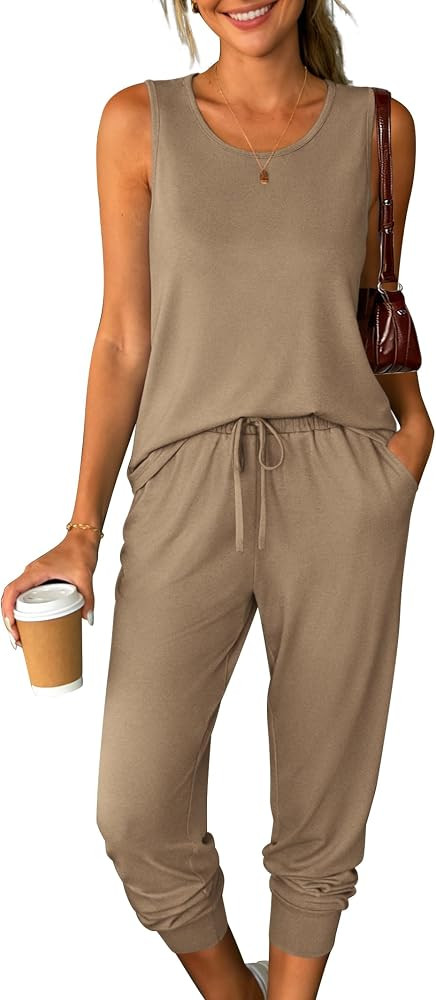 Womens Two Piece Lounge Sets 2026 Summer Sleeveless Outfits Crewneck Tank Tops Joggers Pants Trav... | Amazon (US)