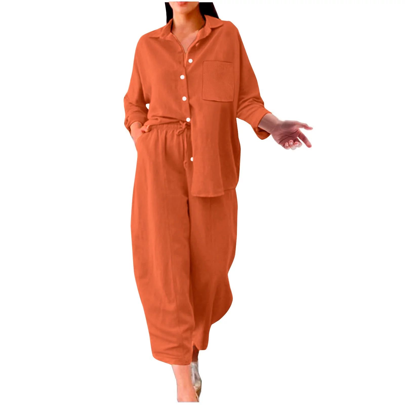 Linen Co Ord Sets for Women Plus Size 22,Ladies 2 Piece Outfits Linen Set Summer Long Sleeve Butt... | Walmart (US)