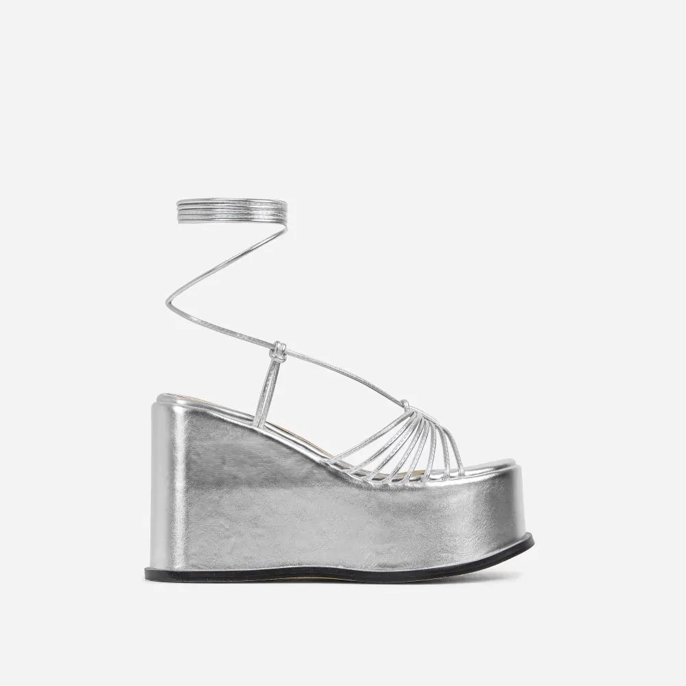 Bubblegum Lace Up Knotted Strap Detail Platform Wedge Heel In Silver Metallic Faux Leather | EGO Shoes (US & Canada)