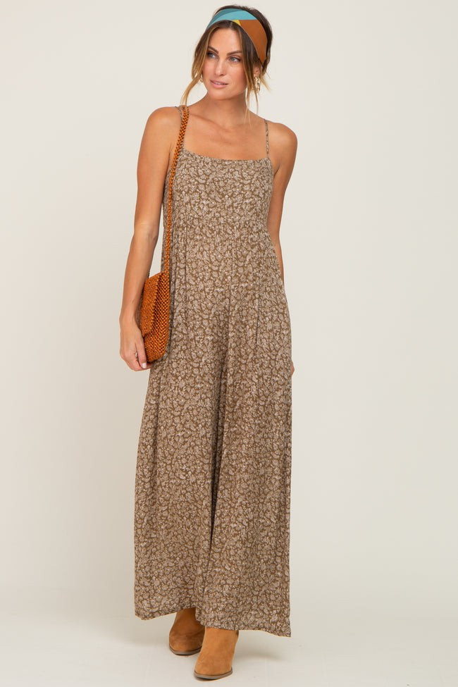 Olive Floral Sleeveless Back Tie Jumpsuit | PinkBlush Maternity