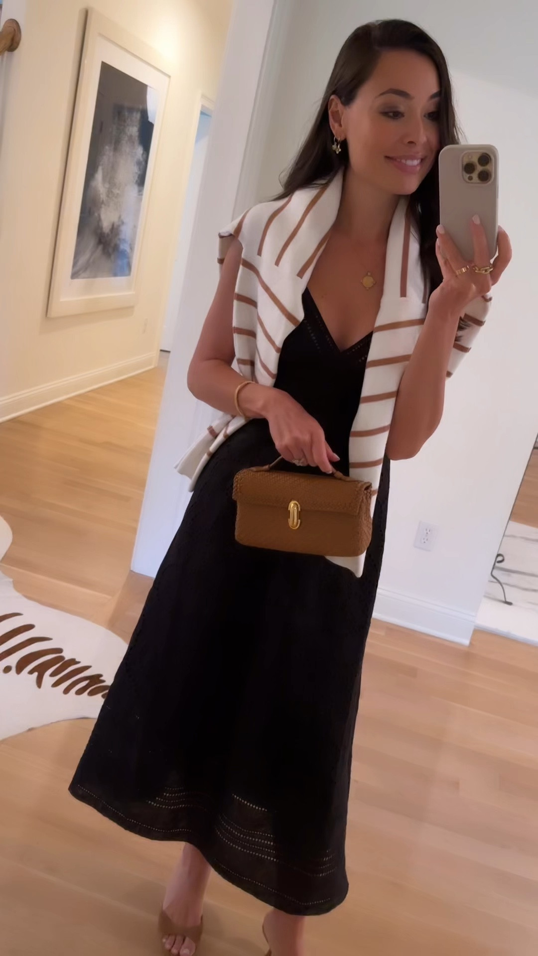 Black eyelet dress, Amazon sweater, stripes, mule sandals, spring outfit, midi dress, classic style, affordable fashion. 

#LTKWorkwear #LTKParties #LTKFindsUnder50