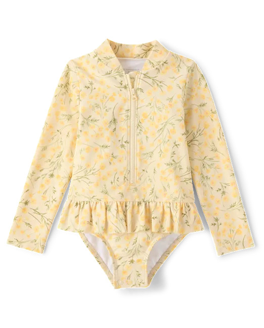 Baby And Toddler Girls Floral Half Zip Rashguard One Piece Swimsuit - yellow | The Children's Place