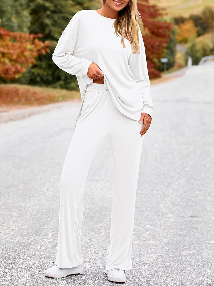 PRETTYGARDEN Womens 2 Piece Outfits Crewneck Long Sleeve Tops Wide Leg Long Pants Casual Lounge S... | Amazon (US)