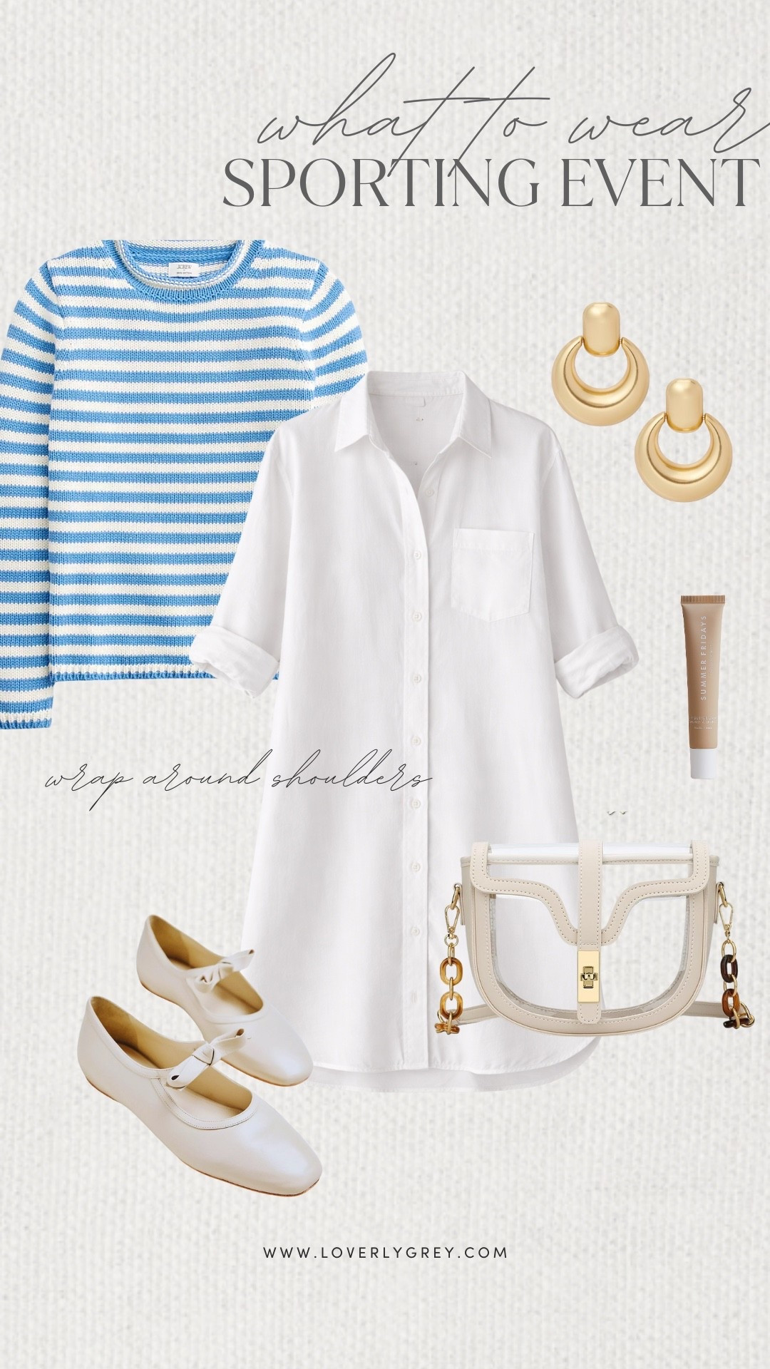Loverly Grey, what to wear for a sporting event! A simple button down white dress goes perfectly with a striped top wrapped around the shoulders. I’d add gold earrings, a clear bag, and simple flats from Anthropologie to complete the ensemble. Loverly Grey, what to wear, sporting event 

#LTKSeasonal #LTKootd #LTKgrwm