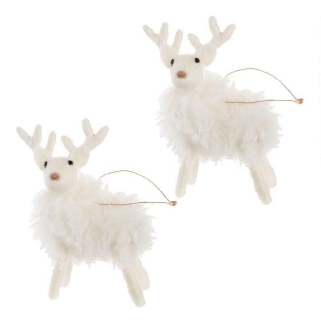 White Woolly Faux Fur Deer Ornaments Set of 2 | World Market