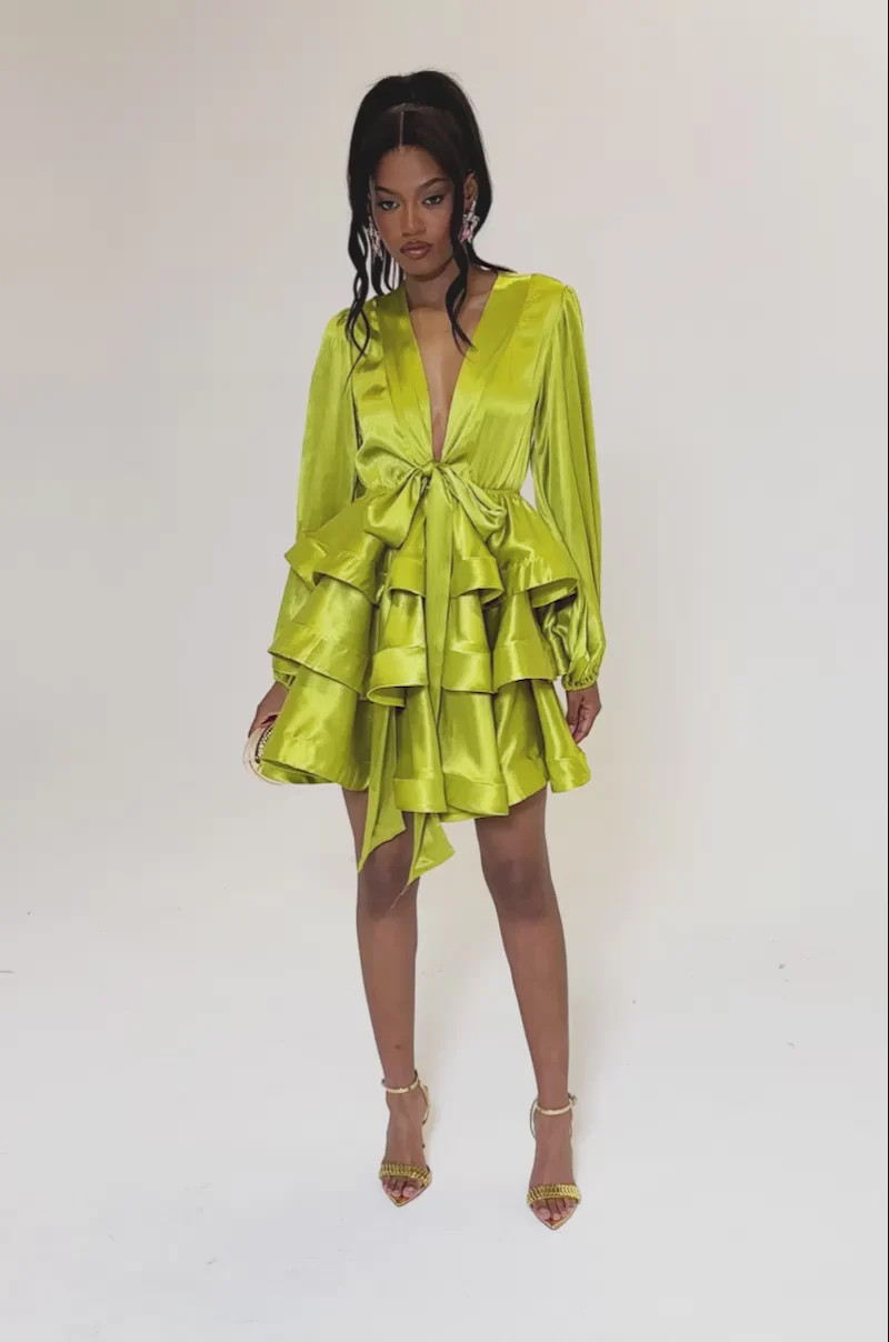 ARIANA SATIN RUFFLED MINI DRESS IN GREEN | AKIRA