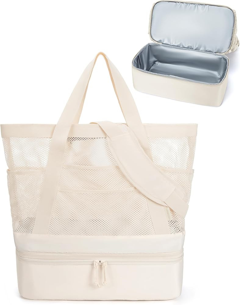 BAGSMART Beach Bag for Women, Mesh Tote Bags with Zipper, Sandproof Vacation Essentials with Cool... | Amazon (US)