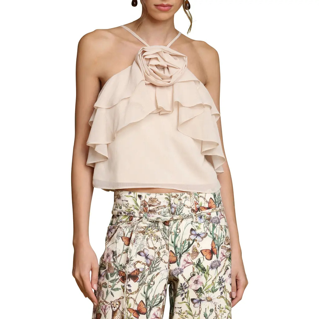 Avec Les Filles Rosette Ruffle Neck Halter Top in Buttercream at Nordstrom, Size Large | Nordstrom