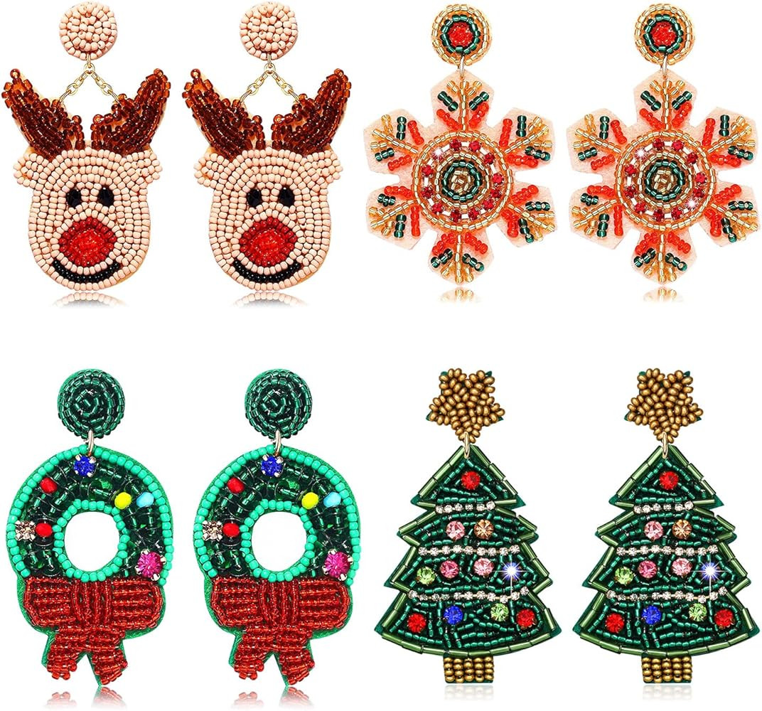 4Pairs Christmas Earrings for Women Holiday Earrings Handmade Christmas Tree Earrings Beaded Snow... | Amazon (US)