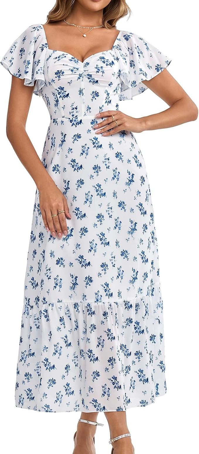 GLNEGE Women's 2025 Summer Midi Floral Boho Dresses Casual Flowy Beach Short Sleeve Dress Ruffle ... | Amazon (US)