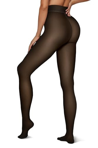 Vertvie Women's Fleece Lined Tights Sheer Fake Translucent One Seam Warm Pantyhose Thick High Waisted Thermal Leggings Winter(300g-Super Thick Fleece,Black Sheer-skin Fleece,Large-X-Large Plus) | Amazon (US)