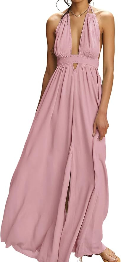 R.Vivimos Boho Maxi Dresses for Women 2026 Summer Sleeveless Halter Elastic Waist Sexy Backless F... | Amazon (US)