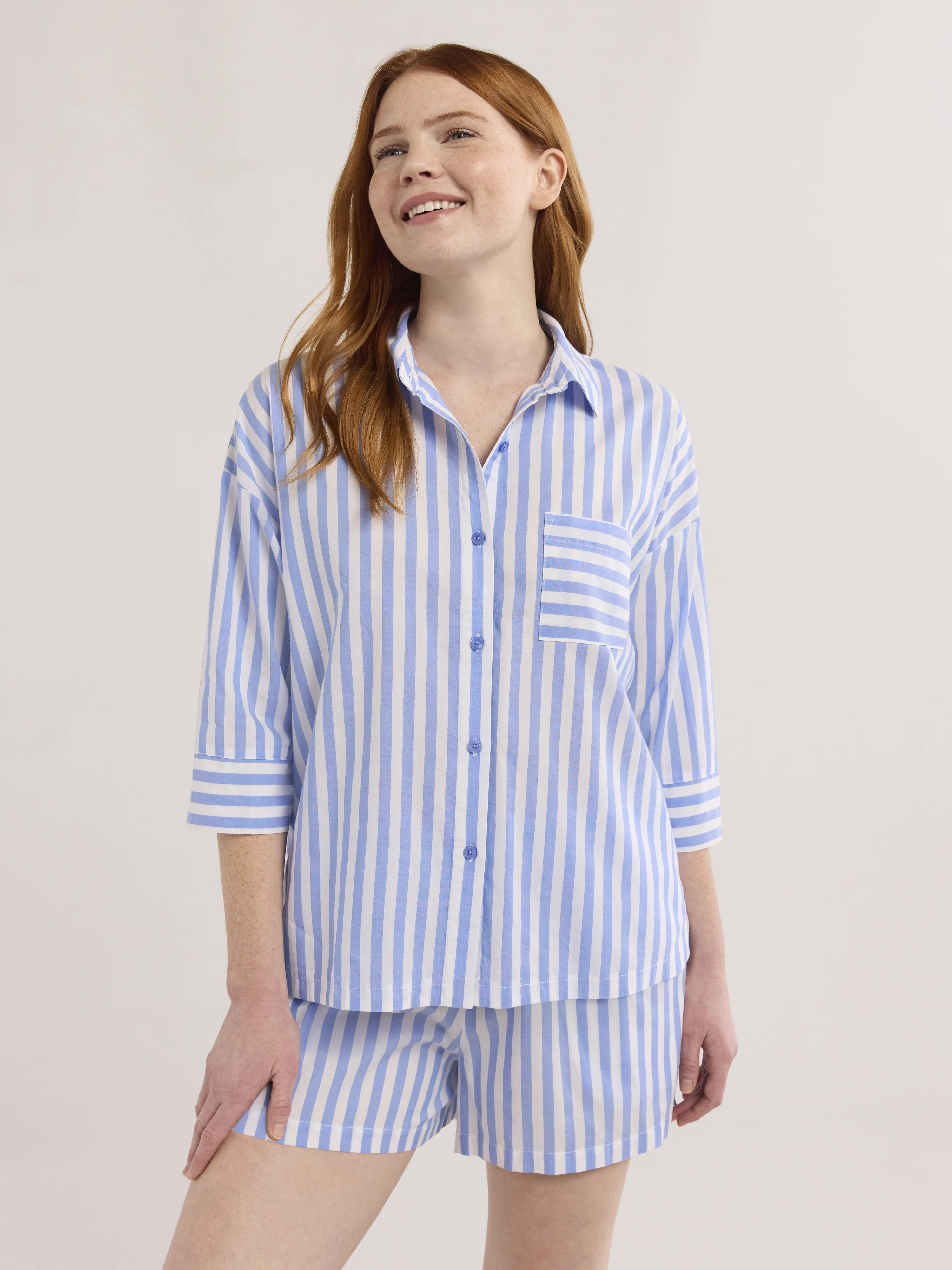 Joyspun Women’s Woven ¾ Sleeve Notch Collar Top and Boxer Shorts Pajama Set, Sizes XS-3X | Walmart (US)