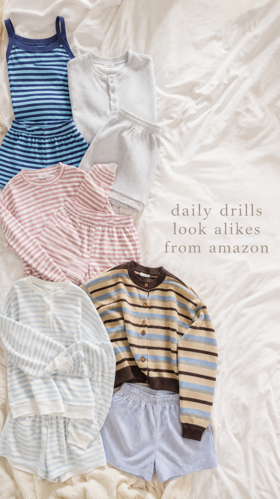 daily drills look alikes from amazon 🤍✨ found the cutest comfy matching sets and striped lounge pieces that give that sporty chic, coffee run, off-duty vibe for less. obsessed with these easy everyday outfits for errands, travel days, class, lounging, or just looking put together without trying too hard. comment “daily drills” and i’ll send the links 🫶

#amazonfinds #amazonfashion #dailydrills #dailydrillsdupe #dailydrillsinspired #amazondupes #matchingsets #loungewear #comfyoutfits #sportychic #coffeerunoutfit #errandsoutfit #collegegirlstyle #ltkfinds #affordablefashion
 

 #LTKgrwm #LTKootd #LTKSaleAlert